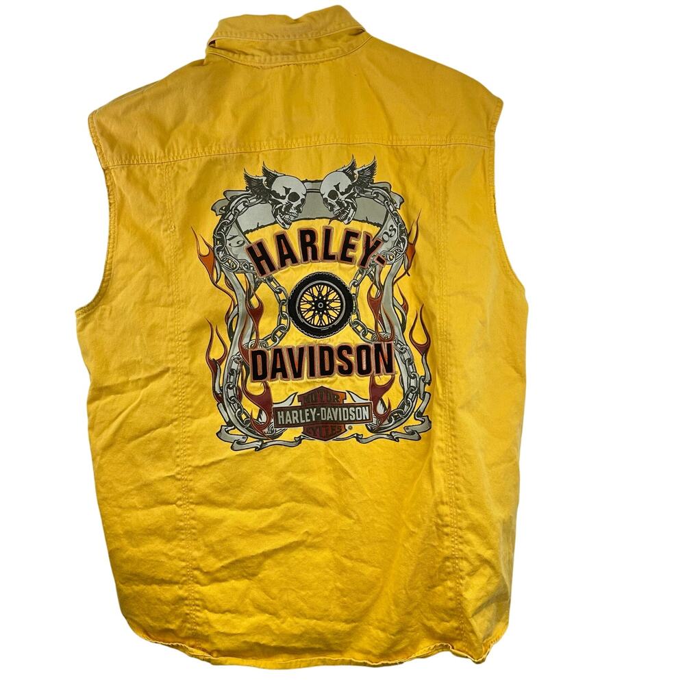 Harley Davidson Yellow Embroidered Skull Biker Button Down Vest Mens Size 2XL